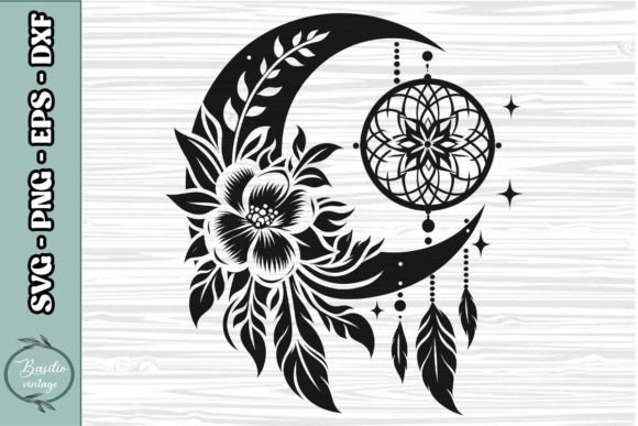 Floral Crescent Moon SVG Clipart 03