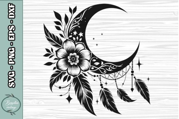 Floral Crescent Moon SVG Clipart 06