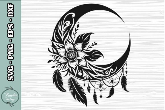 Floral Crescent Moon SVG Clipart 07