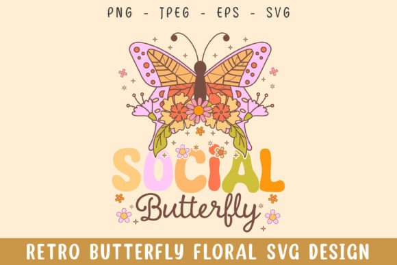 Social Butterfly Floral Retro Design Svg
